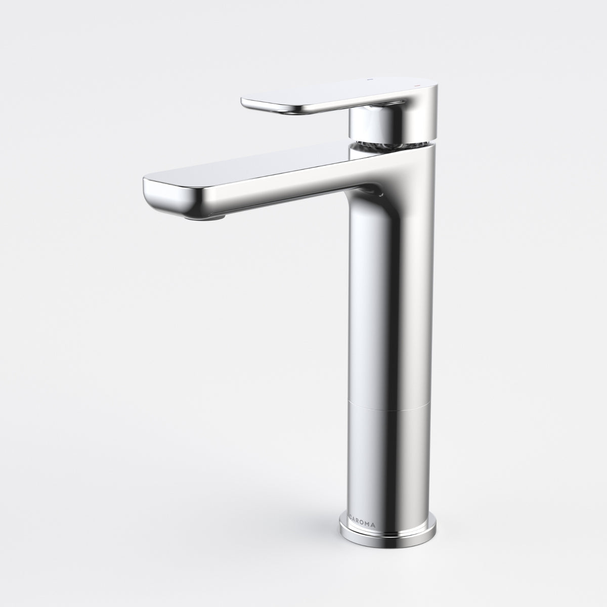 Caroma Luna II mid basin mixer tap in chrome, with a sleek square spout and single lever on white background