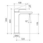Caroma Luna II chrome basin mixer technical drawing, mid-height spout with dimensions and 23° angled handle.