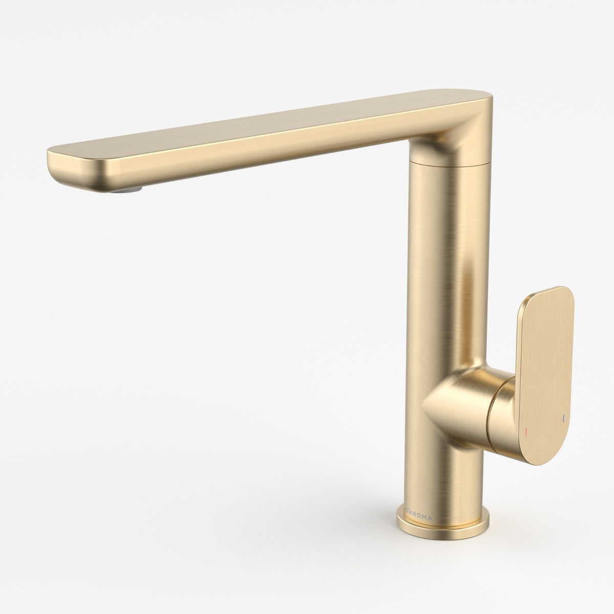 Caroma Luna II sink mixer in brushed brass, side view with flat spout and single lever handle