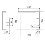 Caroma Luna II sink mixer technical drawing showing dimensions and side view, 265mm spout reach, brushed brass finish style