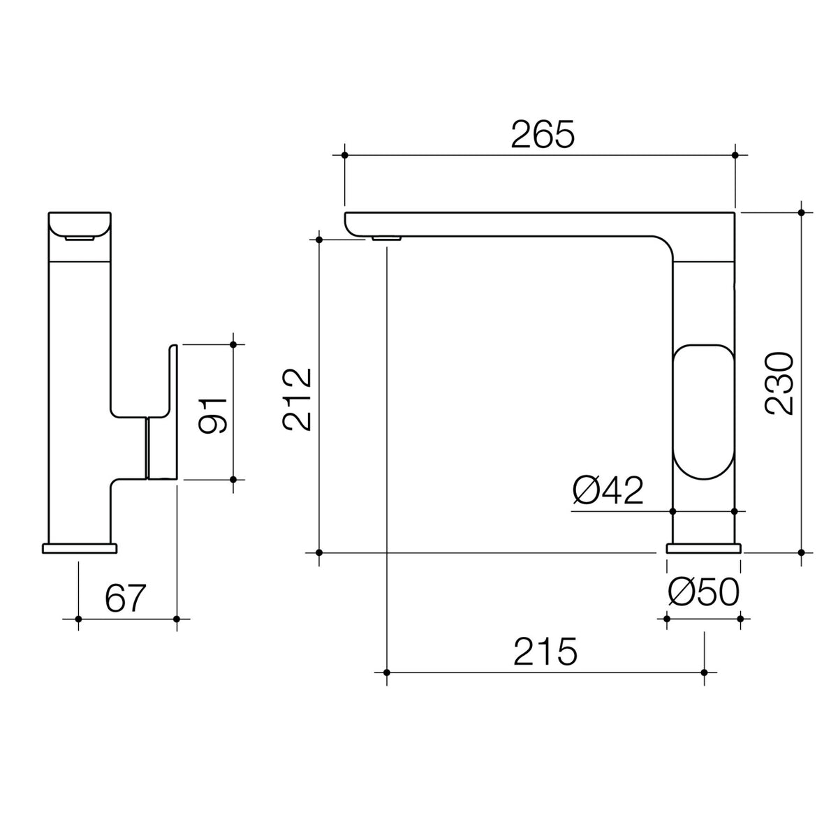 Caroma Luna II sink mixer technical drawing showing dimensions and side view, 265mm spout reach, brushed brass finish style