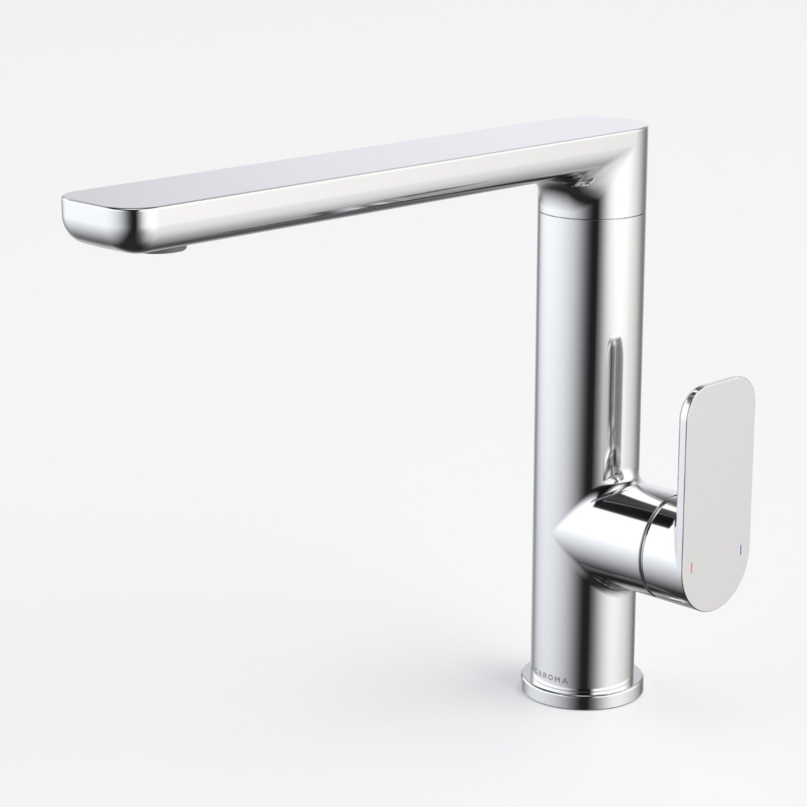 Caroma Luna II chrome sink mixer with slim swivel spout and single lever handle, isolated on white background