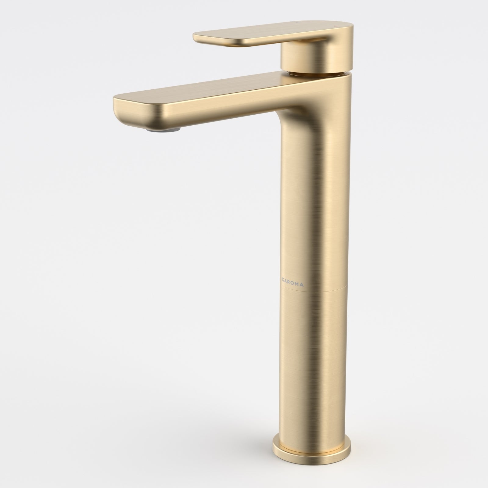 Caroma Luna II tower basin mixer in brushed brass, single-lever tap on white background