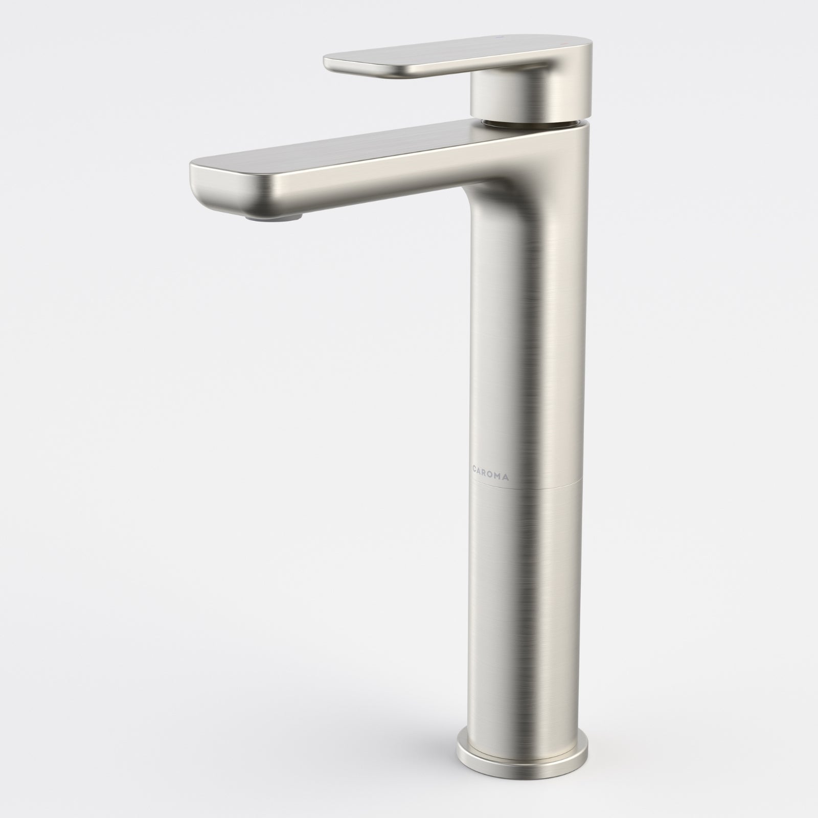 Caroma Luna II tower basin mixer in brushed nickel, shown in a clean studio view