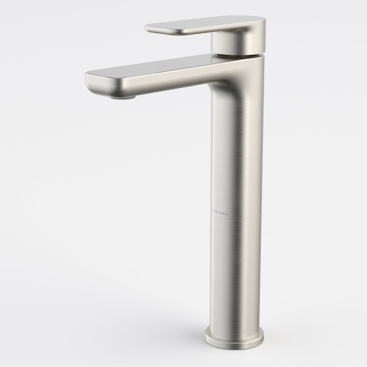 Caroma Luna II tower basin mixer in brushed nickel, shown in a clean studio view