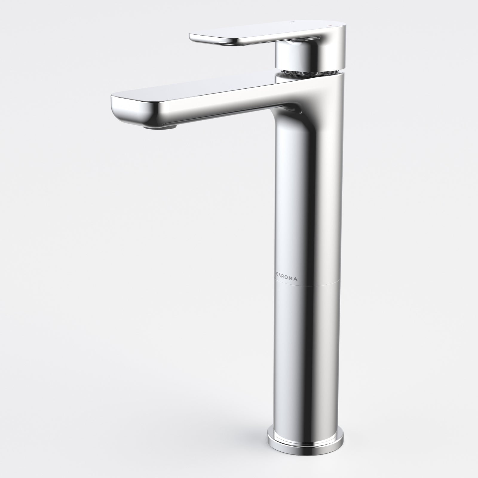 Caroma Luna II chrome tower basin mixer with single lever and high, square spout on white background
