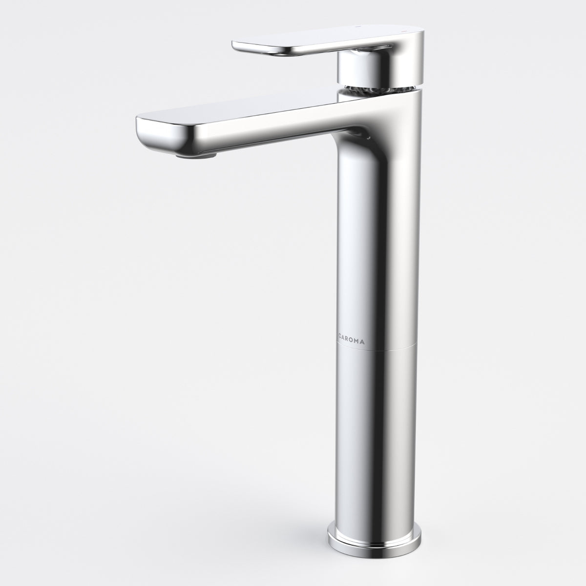Caroma Luna II chrome tower basin mixer with single lever and high, square spout on white background