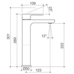Caroma Luna II tower basin mixer technical drawing in chrome, side view with dimensions and angles