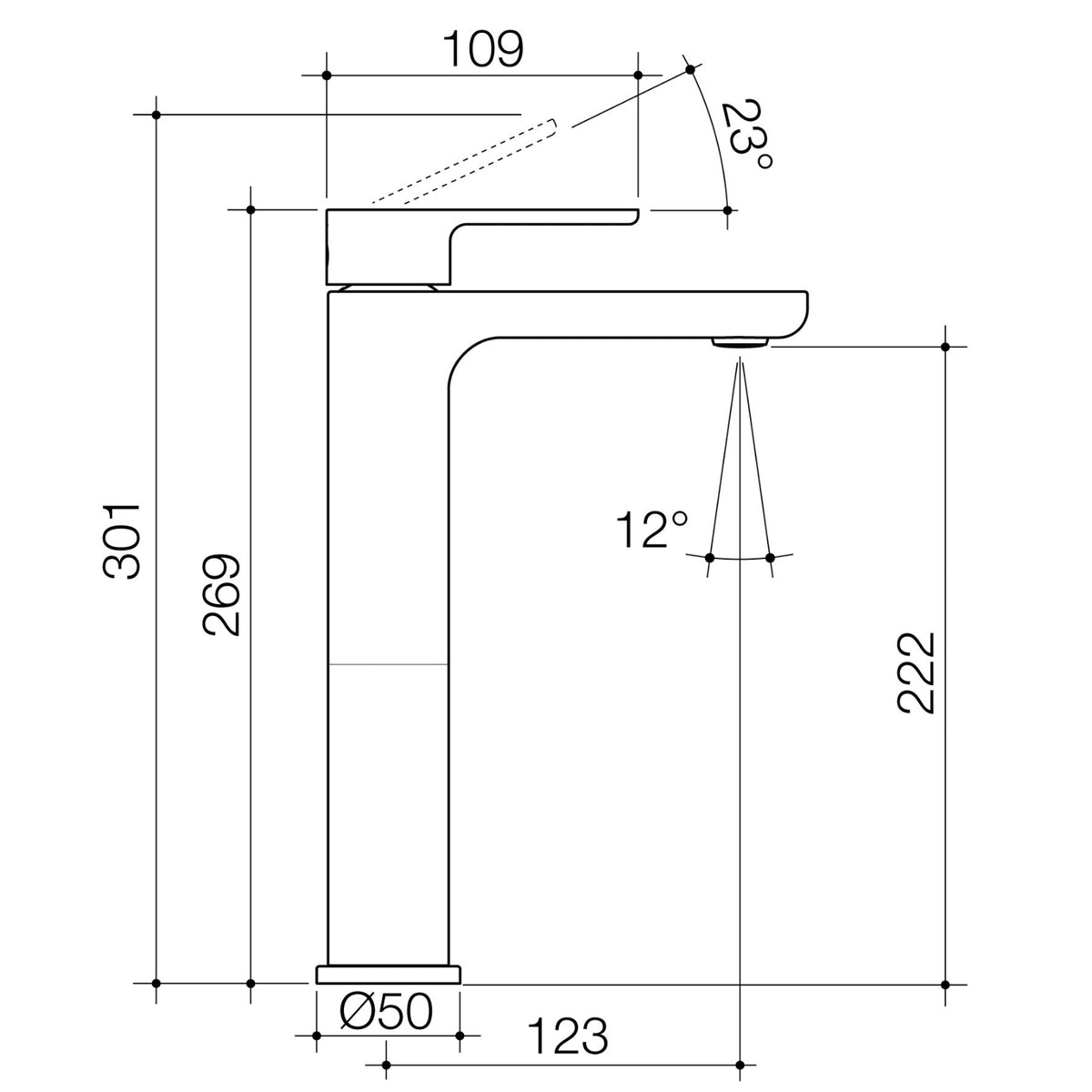Caroma Luna II tower basin mixer technical drawing in chrome, side view with dimensions and angles