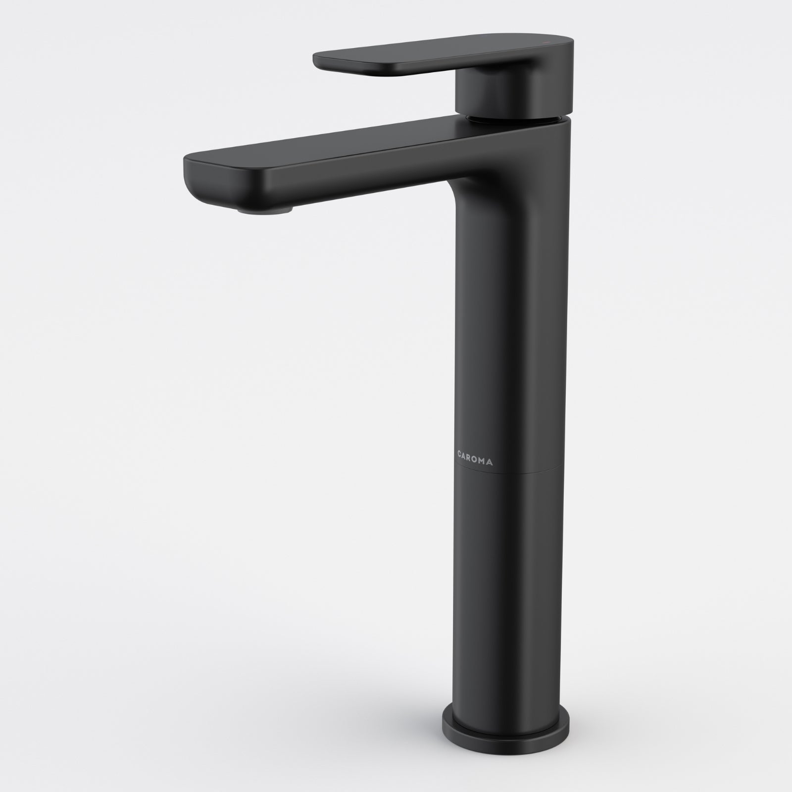 Caroma Luna II tower basin mixer in satin black, tall single-lever bathroom tap on a white background