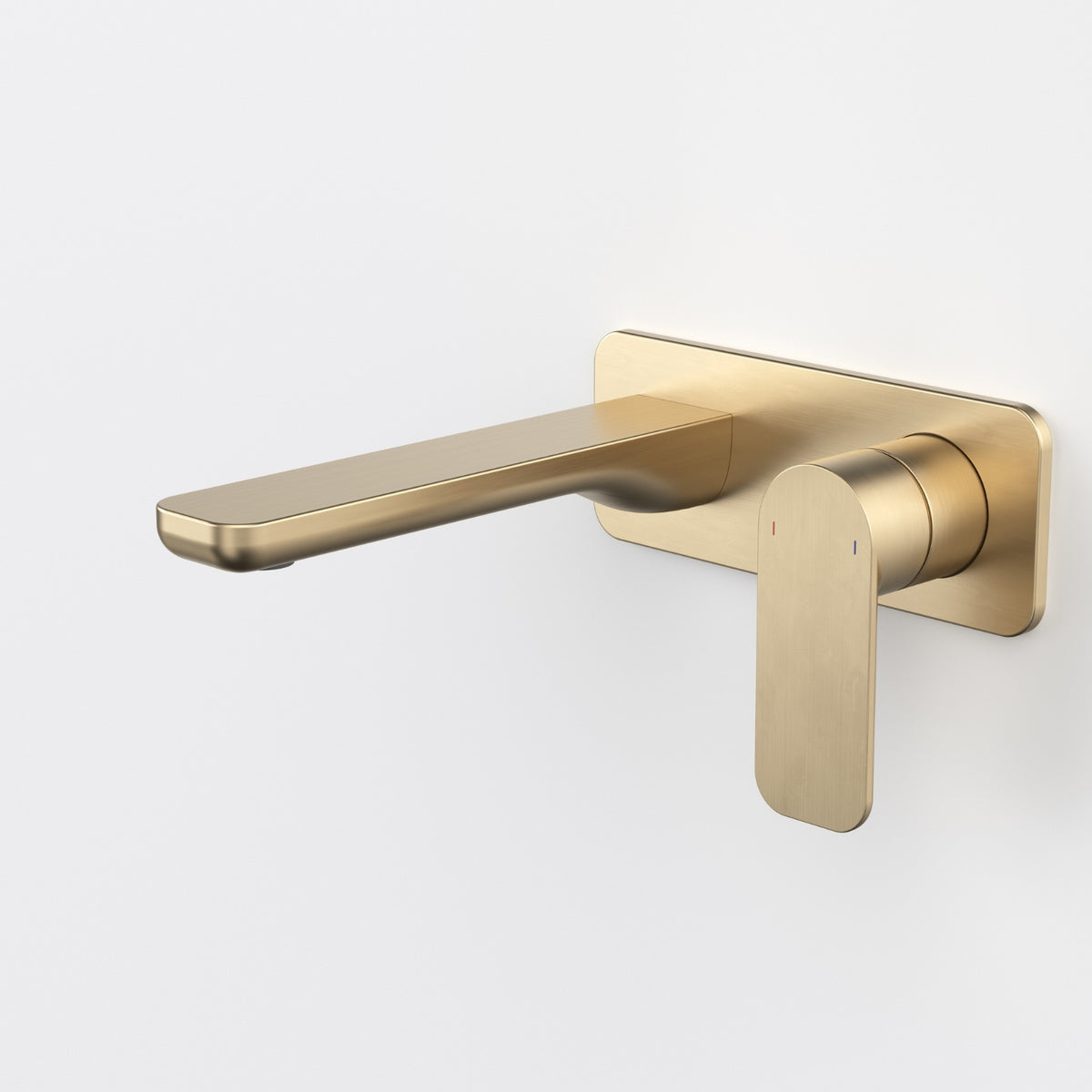 Caroma Luna II wall basin/bath mixer in brushed brass, wall-mounted with flat lever handle and long spout on white background