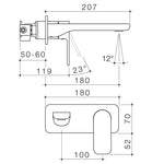 Caroma Luna II wall basin/bath mixer technical drawing, showing 180mm spout reach and wall plate dimensions in black linework