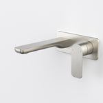 Caroma Luna II wall basin/bath mixer in brushed nickel, wall-mounted with long spout and single lever handle