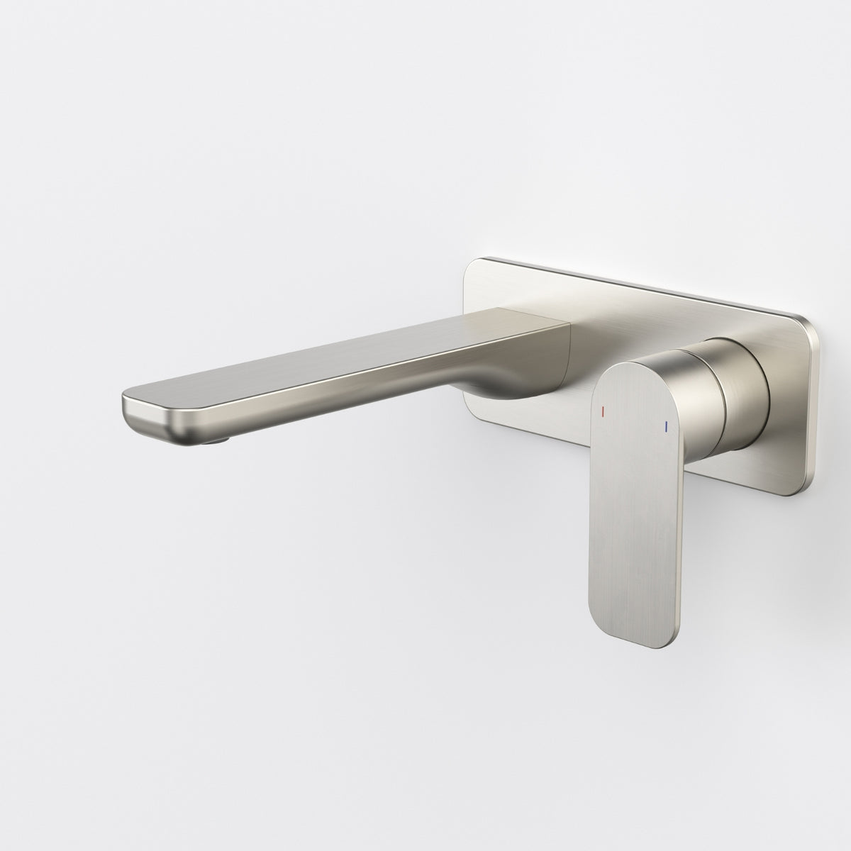 Caroma Luna II wall basin/bath mixer in brushed nickel, wall-mounted with long spout and single lever handle