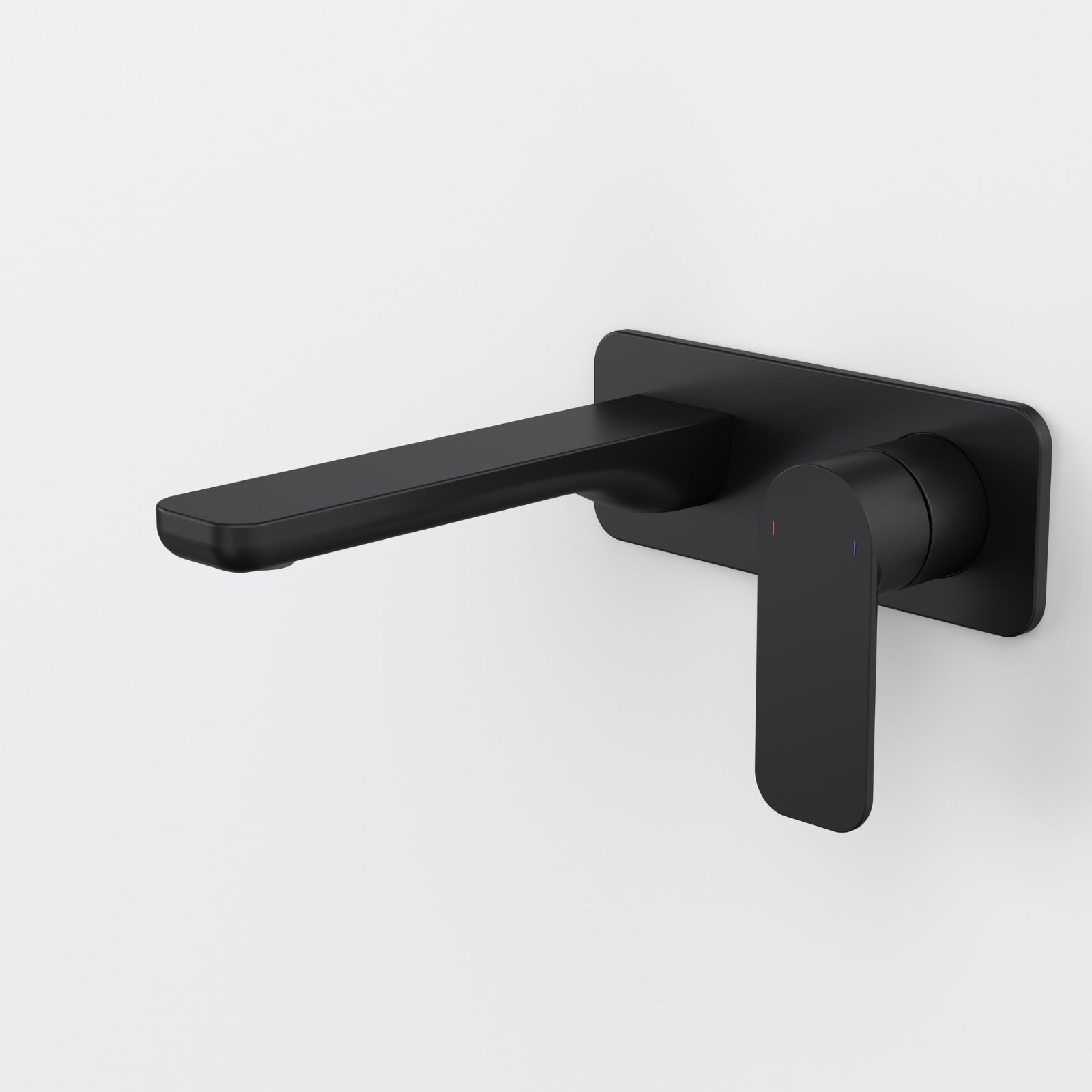 Caroma Luna II wall basin/bath mixer in satin black, with square backplate and long spout shown on white background