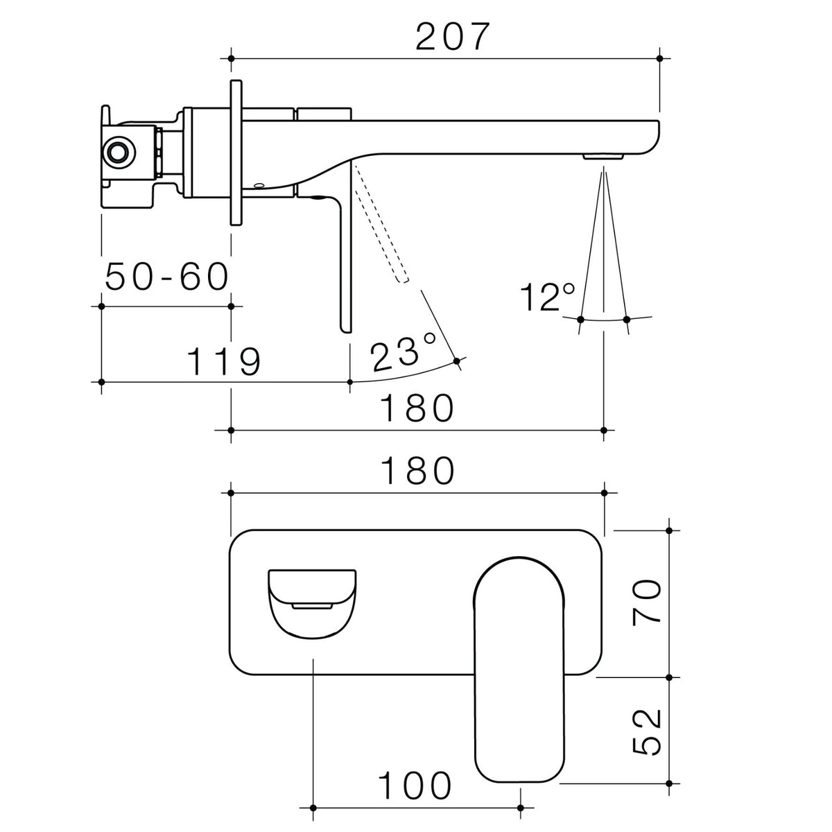 Caroma Luna II wall basin/bath mixer technical drawing in satin black, showing 180mm outlet and dimensions.