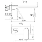 Caroma Luna II wall basin/bath mixer technical drawing, brushed brass, with 220mm outlet and 180 x 70mm backplate