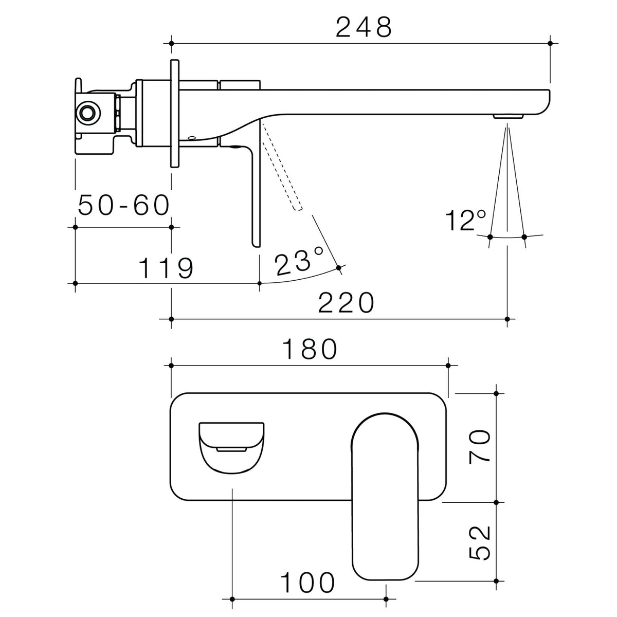 Caroma Luna II wall basin/bath mixer technical drawing, brushed brass, with 220mm outlet and 180 x 70mm backplate