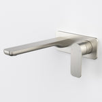 Caroma Luna II wall basin/bath mixer in brushed nickel, wall-mounted with a long flat spout and slim lever handle