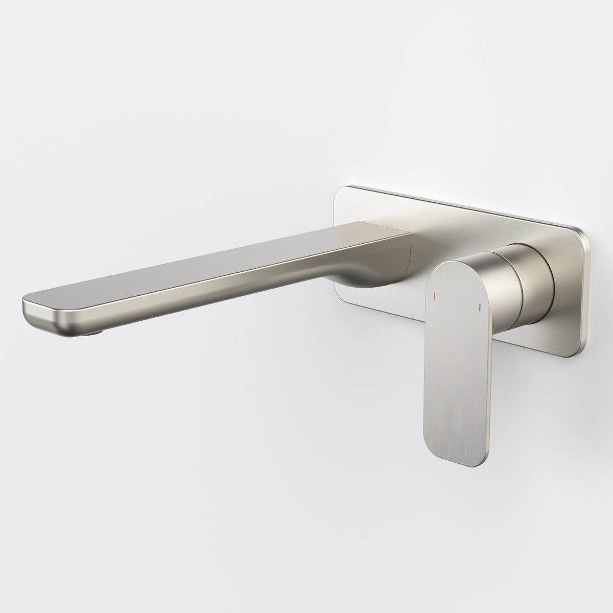Caroma Luna II wall basin/bath mixer in brushed nickel, wall-mounted with a long flat spout and slim lever handle