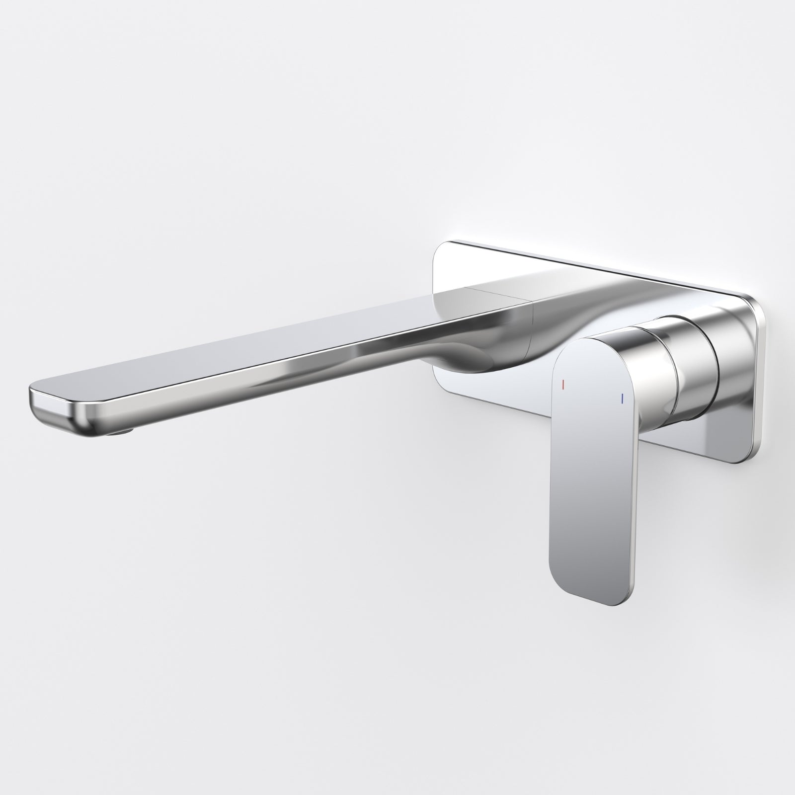 Caroma Luna II wall basin/bath mixer in chrome, wall-mounted with long spout and lever handle on white background