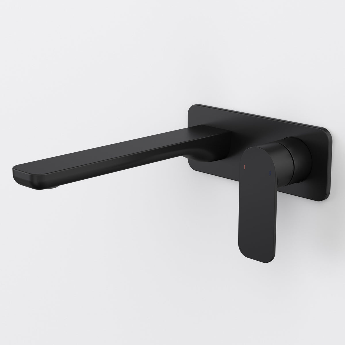 Caroma Luna II wall basin/bath mixer in satin black, wall-mounted with long spout and lever handle