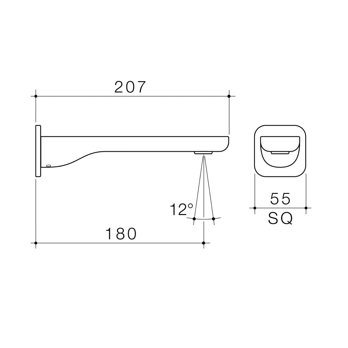 Technical drawing of Caroma Luna II wall basin/bath outlet in brushed brass, showing 180mm reach and 55mm square plate with measurements