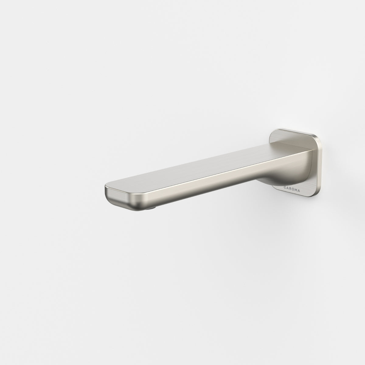 Caroma Luna II wall basin/bath outlet in brushed nickel, modern rectangular spout shown in side view