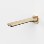 Caroma Luna II wall basin/bath outlet in brushed brass, wall-mounted spout with rectangular plate, side view