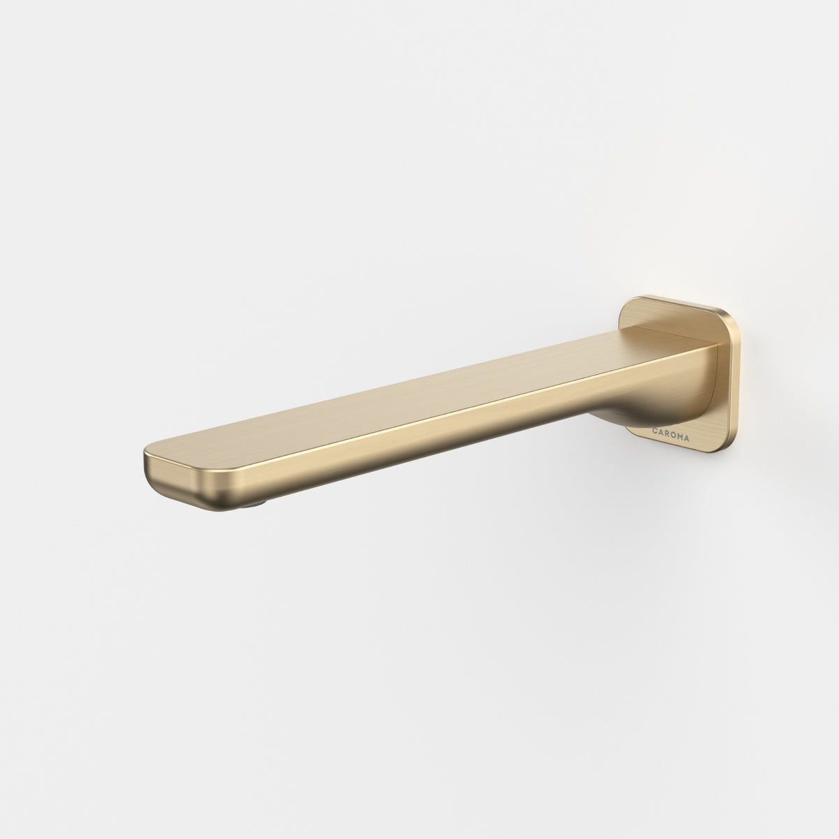 Caroma Luna II wall basin/bath outlet in brushed brass, wall-mounted spout with rectangular plate, side view