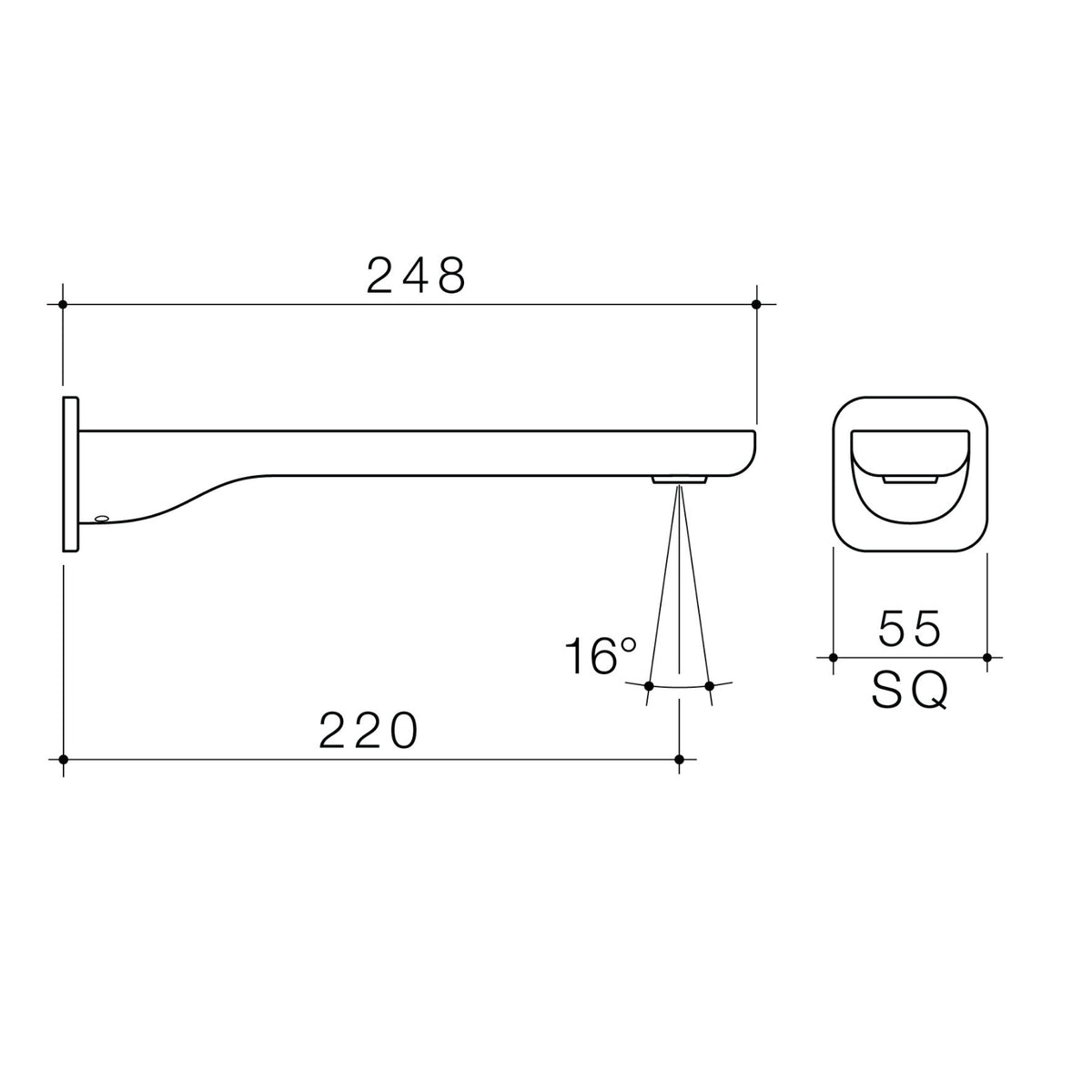Caroma Luna II wall basin/bath outlet technical drawing, showing 248mm reach, 220mm projection and 55mm square wall plate