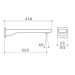Caroma Luna II chrome wall basin/bath outlet technical drawing showing 248mm reach, 220mm depth and 55mm square base plate