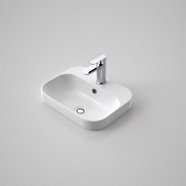 Caroma Luna white rectangular inset basin with chrome mixer tap, above-counter vanity sink view