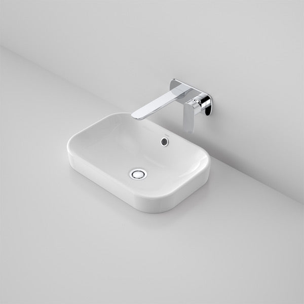 Caroma Luna white inset ceramic basin, rectangular and curved, with wall-mounted chrome mixer tap