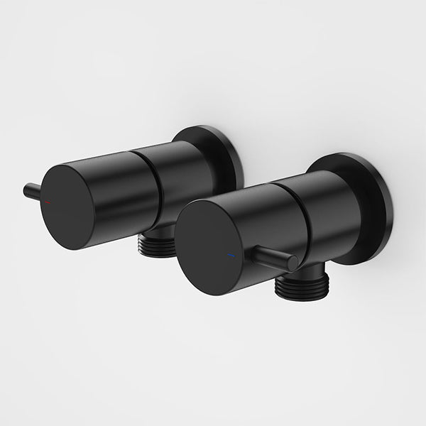 Caroma Luna black lever washing machine tap set, wall-mounted pair with cylindrical brass bodies and small lever handles