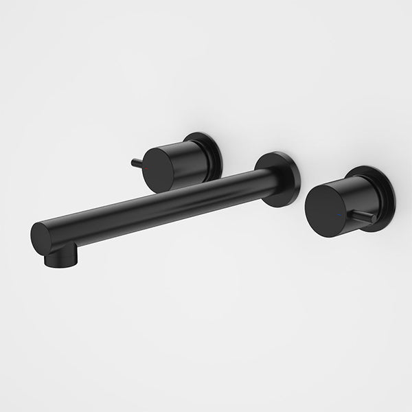 Caroma Luna black 3-piece bath tap set with lever handles and wall-mounted spout on white background