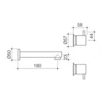 Caroma Luna black laundry tap set technical drawing showing swivel spout and lever tap dimensions in side and end views