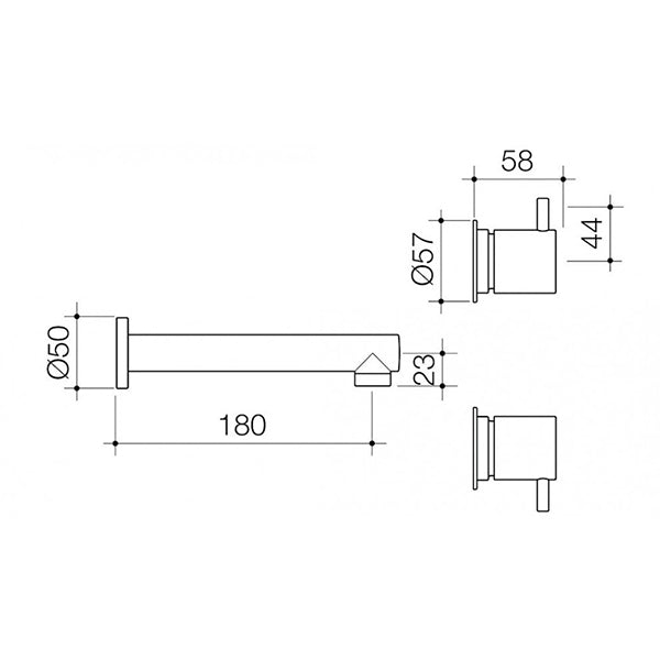 Caroma Luna black laundry tap set technical drawing showing swivel spout and lever tap dimensions in side and end views