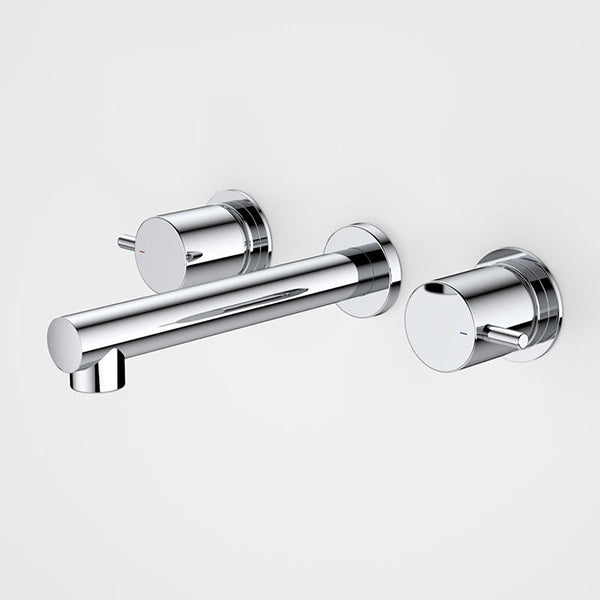 Caroma Luna chrome wall basin set with lever taps, cylindrical 3 piece design, side view on white background