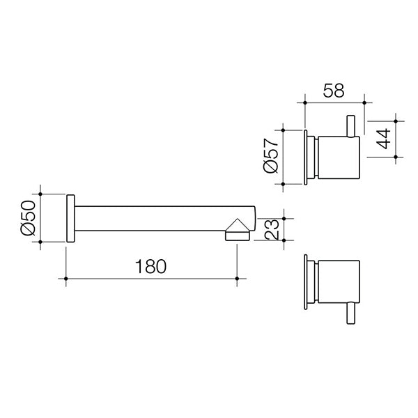 Caroma Luna chrome wall basin set technical drawing, showing spout and lever handle dimensions, side views and 180mm reach