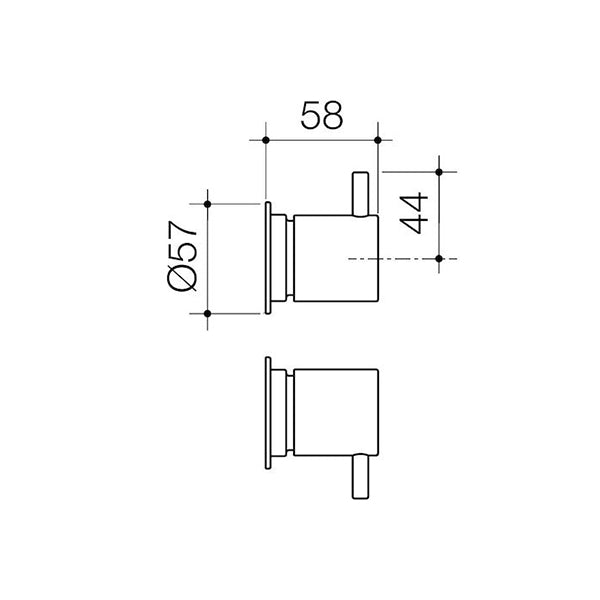 Caroma Luna black wall tap handle set technical drawing, showing cylindrical profile and measurements 58, 44 and Ø57 mm