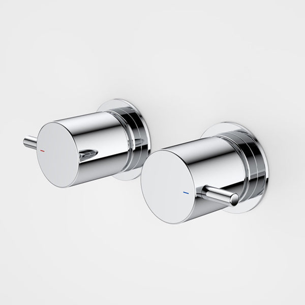 Caroma Luna lever wall tap handle set in polished chrome, pair of round wall top assemblies with pin levers