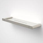 Caroma Luna brushed nickel metal bathroom shelf with concealed fixings, wall-mounted on a plain white background