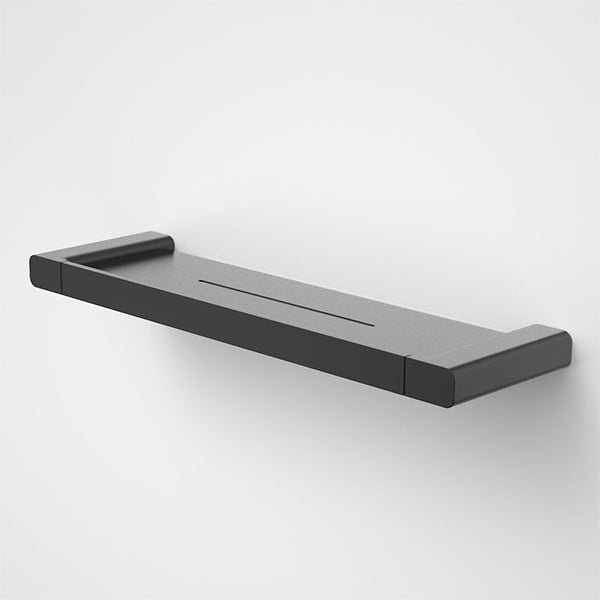 Caroma Luna black metal bathroom shelf with concealed fixings, shown in angled front view on white background