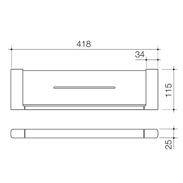 Caroma Luna black metal bathroom shelf technical drawing, front and side views with dimensions 418 x 115 x 25 mm