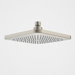 Caroma Luna square overhead shower head in brushed nickel, shown front-on with tilting connector and spray nozzles visible