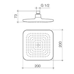 Caroma Luna square overhead shower head technical drawing in brushed brass, 200mm with G 1/2 connection and dimensions shown