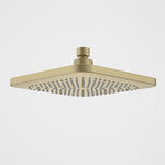 Caroma Luna square overhead shower head in brushed brass, front view on white background