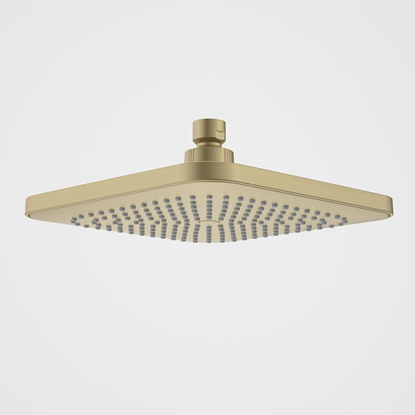 Caroma Luna square overhead shower head in brushed brass, front view on white background