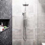 Caroma Luna twin shower on rail in chrome, with square overhead shower and handheld set against grey bathroom tiles